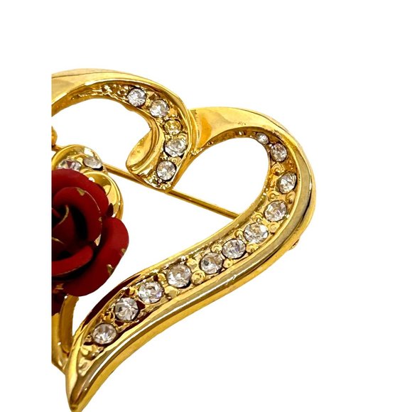 Heart Brooch Pin Gold Tone Red Ceramic Rose Clear Rhinestones Shiny Roll Tab Arm - Picture 8 of 13